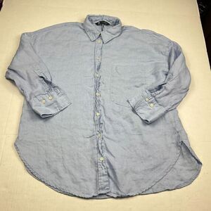 ZARA Womens Linen Button Down Tunic Shirt Blue 3/4 Sleeve Loose Fit Top SMALL